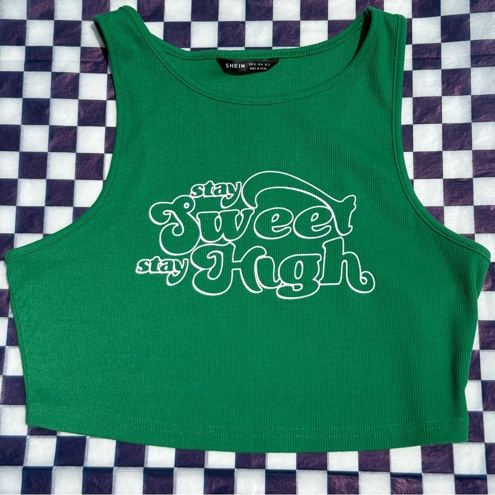 "Stay Sweet, Stay High" Cropped Muscle Tank by Shein. Kelly Green. EUC. Med/Lg